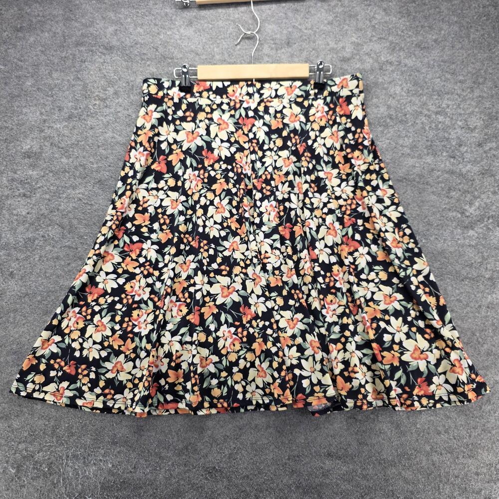 Kaileigh Skirt Womens 1X Blue Knee Length Flare Floral Elastic Stretch Pull On